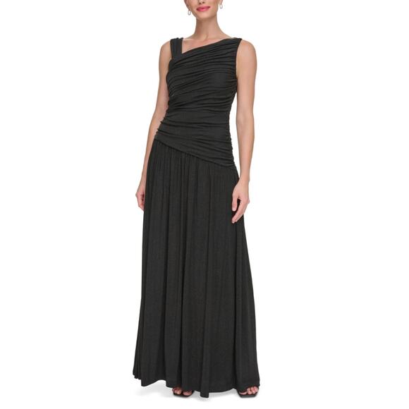 DKNY Sparkly Knit Sleeveless Ruched Long A-Line Formal Gown Black Size 10 - Picture 11 of 12